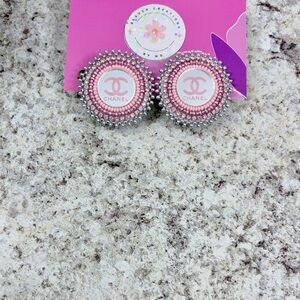 Handmade Pink Beaded Logo-Style Stud Earrings | Glam Statement Jewelry